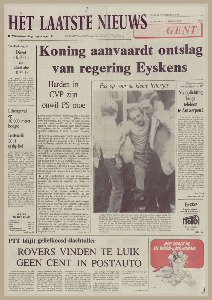 De voorpagina van Het Laatste Nieuws op 22 september 1981, de dag na het ontslag van de regering-Eyskens.