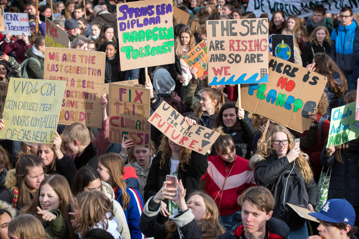 Duizenden scholieren op het Malieveld in Den Haag. Beeld Werry Crone