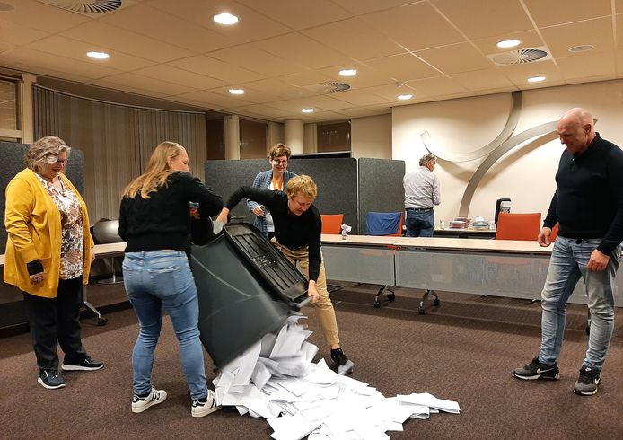 De container met stembiljetten gaat op zijn kop in het gemeentehuis van Hardinxveld-Giessendam.