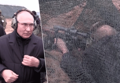 Poetin schiet met sluipschuttersgeweer tijdens zeldzame verschijning in het openbaar