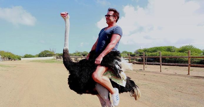 Gerard Joling rijdt op een struisvogel.