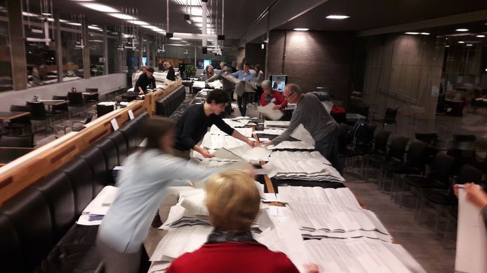 De eerste telling van de stembiljetten, woensdagavond in het personeelsrestaurant van het stadhuis  in Eindhoven. BBL wil een hertelling van de stemmen die op CDA en BBL zijn uitgebracht.