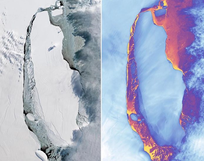 Een satelliet nam deze thermische beelden van de afgebroken ijsschots.