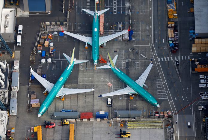 Aan de grond gehouden Boeing 737 Max-toestellen bij de fabriek in Seattle.
