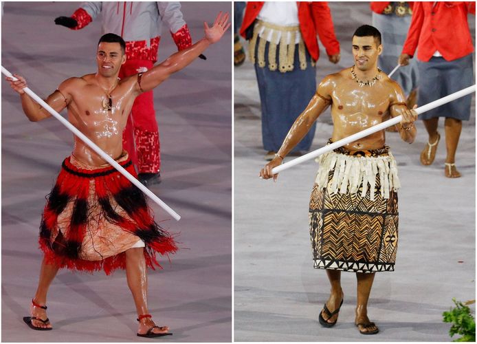 De held van de openingsceremonie is ongetwijfeld Pita Taufatofua uit Tonga. Terwijl het behoorlijk koud was in Pyeongchang liep hij in z’n blote bast en op teenslippers met de vlag van Tonga. Twee jaar geleden deed de taekwondoka hetzelfde in Rio de Janeiro (foto R).