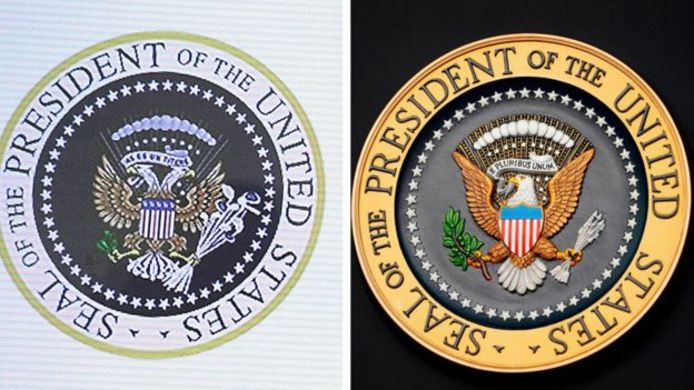Links het fake wapenschild, rechts het officiële wapen van de president