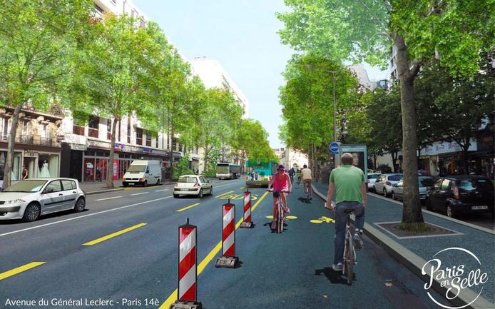 Zo zou een van de lanen van Parijs er volgens het fietscollectief Paris en Selle uit kunnen zien met tijdelijke brede fietspaden.