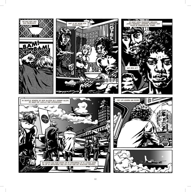 Een stukje uit ‘Kiss the Sky’. De scènes – zoals op de luchthaven van Kennedy International Airport waar 
Jimi ­Hendrix op een vliegtuig van Pan Am stapt – ­kloppen tot in de kleinste details. Beeld RV