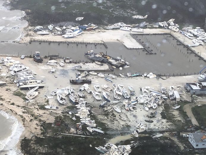 Boten werden door orkaan Dorian aan land geblazen in de haven van Marsh Harbour op de Abaco-eilanden, in het noorden van de Bahama’s.