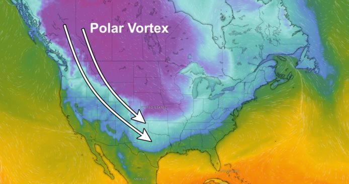 De aangevoerde lucht wordt ijskoud vanaf het weekend en verovert een groot deel van Noord-Amerika. Een deel van de poolwervel zakt af naar het zuiden.