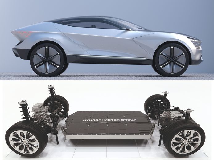 Het toekomstige productiemodel van het Kia 'Futuron' studiemodel (boven) is één van de auto's op het nieuwe E-GMP platform van Hyundai.