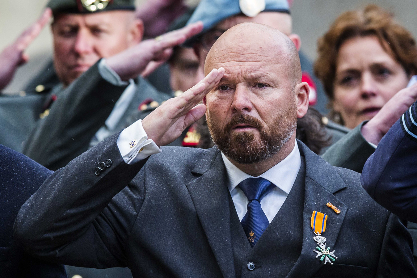 Marco Kroon, met de Willems-Orde op zijn revers, tijdens de Dodenherdenking op Militair Ereveld Grebbeberg in Wageningen.