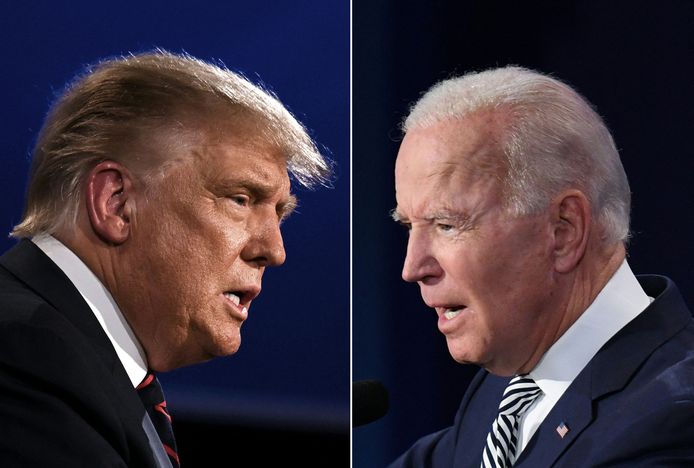 Ex-president van de VS Donald Trump (links) en huidig president Joe Biden tijdens hun eerste verkiezingsdebat op 29 september 2020.