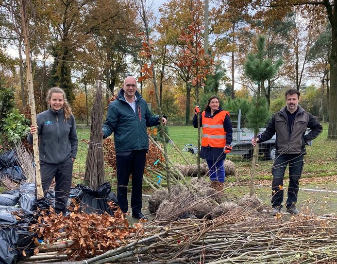 Afgelopen vrijdag werden bomen en struiken geplant in het kader van de beplantingsactie ‘Putten in het Groen'. Van links naar rechts Birgit Jilesen van Landschapsbeheer Gelderland, wethouder 't Jong van de gemeente Putten, Carolien Selderijk van Buitenplaats Putterheijde en Daniël Broekzitter van Sprielderpark.