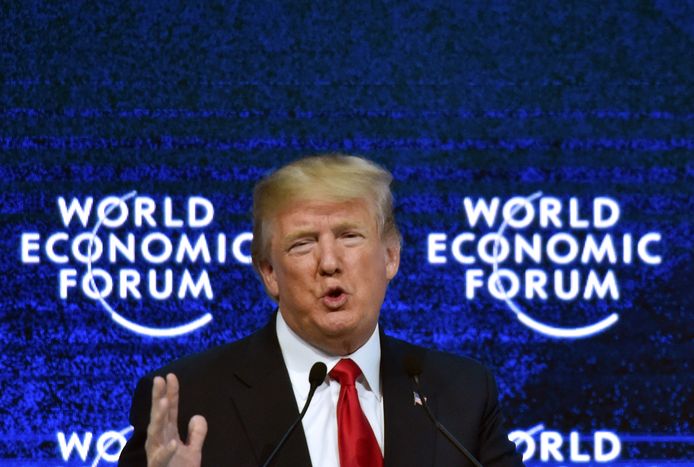 Foto van de Amerikaanse president Donald Trump op het Wold Economic Forum in Davos vorig jaar, op 26 januari 2018.