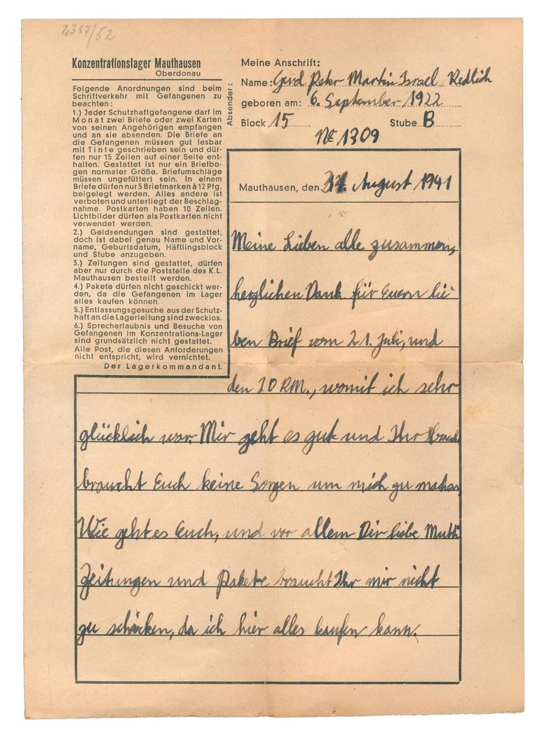 Brief uit concentratiekamp Mauthausen van Peter aan zijn familie in Amsterdam Beeld -