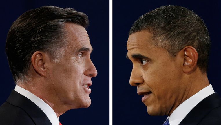 Mitt Romney en Barack Obama vorige week tijdens het eerste kandidatendebat. Beeld ap
