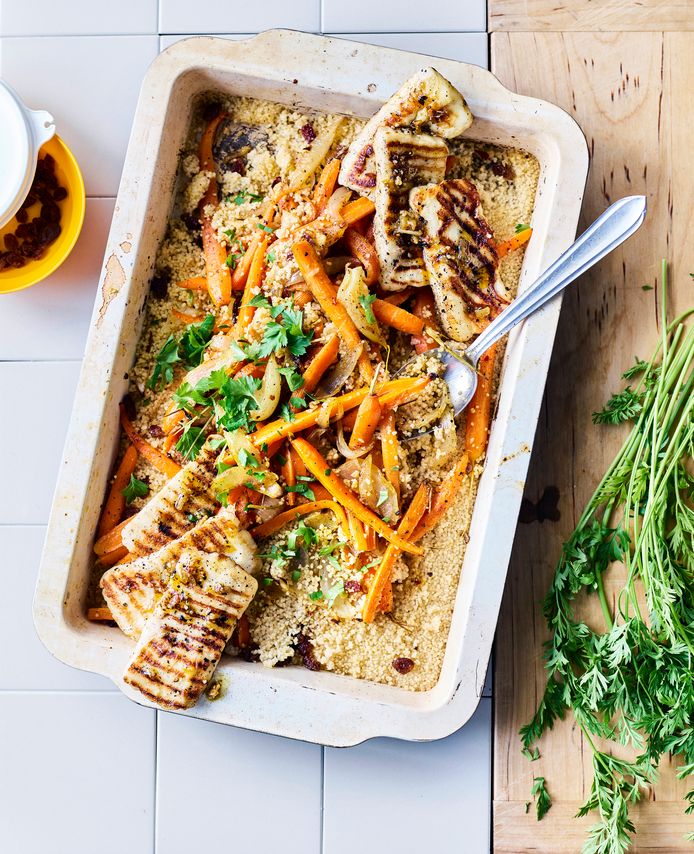 Ovenplaat met wortel, couscous en halloumi uit Rani’s Goed Plan