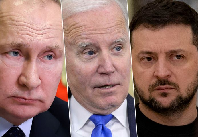 De Russische president Vladimir Poetin, de Amerikaanse president Joe Biden en de Oekraïense president Volodymyr Zelensky.
