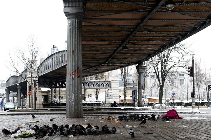 Een dakloze zoekt beschutting onder een brug in de Franse hoofdstad.