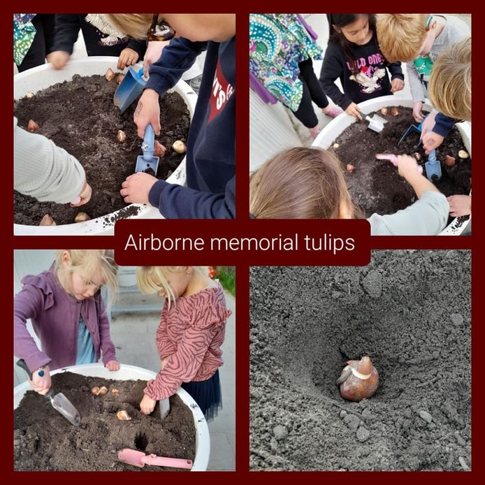 Leerlingen van Daltonschool Confetti in Schuytgraaf doen ook mee met het poten van Airbornetulpen.