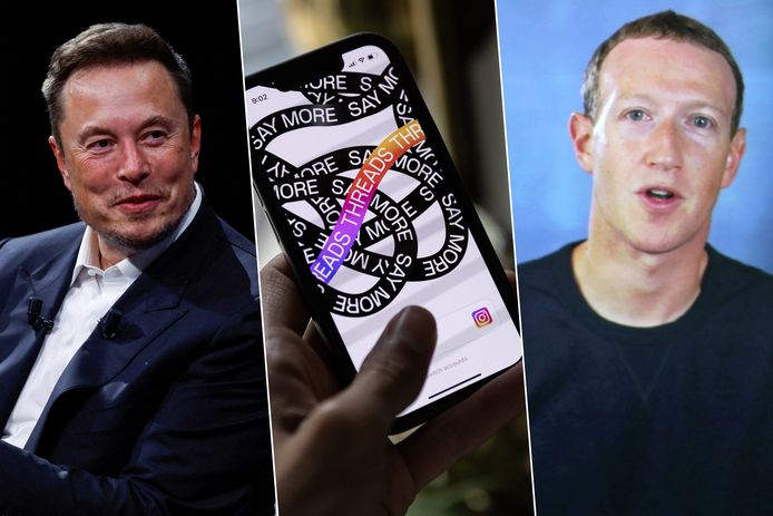 Meta-CEO Mark Zuckerberg (rechts) gaat met Threads de concurrentie aan met X van miljardair Elon Musk.