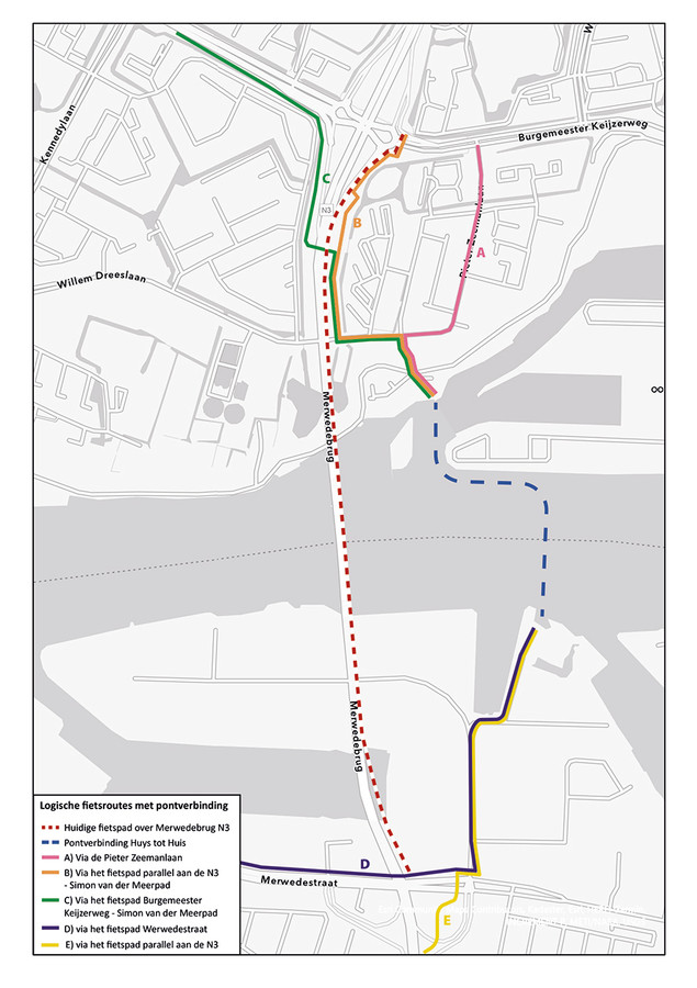 De gratis pont gaat varen via de blauwe lijn tussen Papendrecht en Dordrecht, parallel aan de brug (rode lijn).