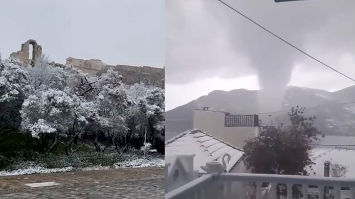 Sneeuwval en een windhoos in Griekenland