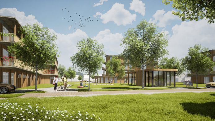Een artist impression van de nieuw te bouwen woonzorgzone de Bongerd in Hattem.