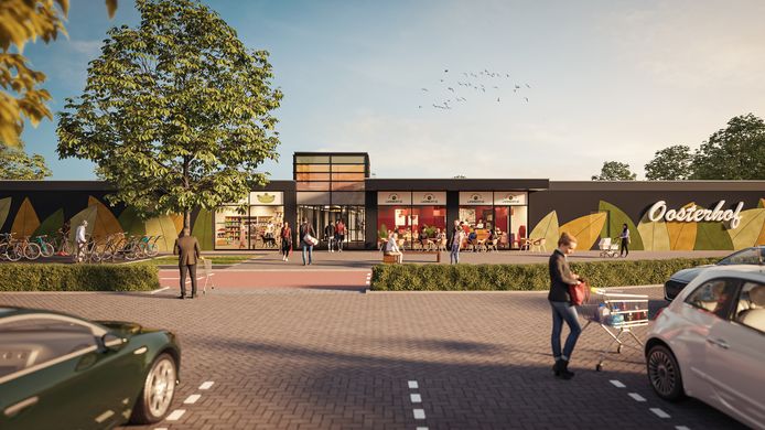 Een indruk van hoe de buitenzijde eruit komt te zien van het winkelcentrum Oosterhof in Boxtel.