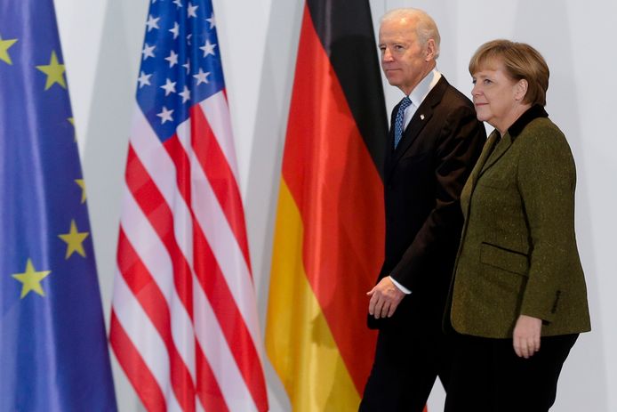 Duitse bondskanselier Angela Merkel en Amerikaanse president Joe Biden in de rijkskanselarij, in Berlijn.