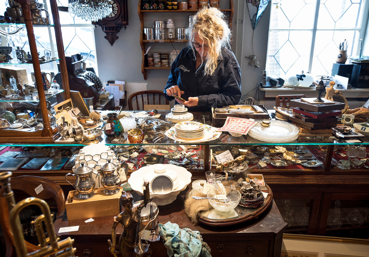 Elles van Noort in haar antiekwinkel De Doofpot. Binnenkort moet ze haar duizenden spulletjes stuk voor stuk registreren.