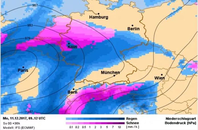 Prognose sneeuwval van het Europees weermodel.