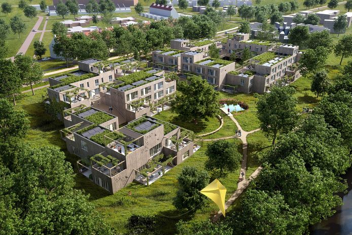 Impressie van The Oak, een bouwproject van Janssen De Jong Ontwikkeling en onder andere FAAM Architecten, voor Bosrijk Meerhoven in Eindhoven.