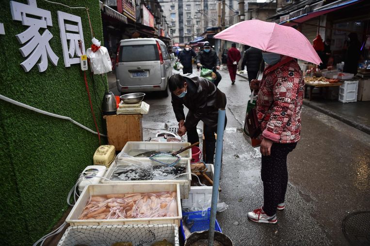 Visverkopers op de markt in Wuhan waar begin januari het nieuwe coronavirus werd ontdekt.  Beeld AFP