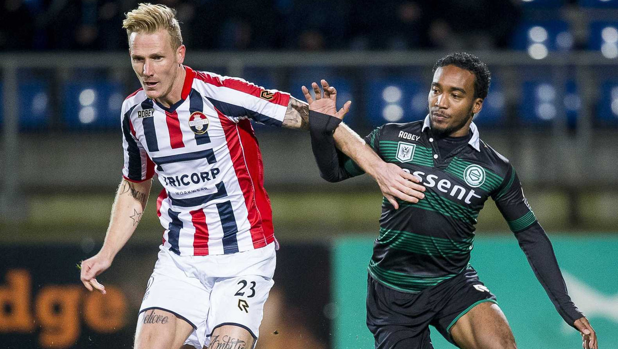 Willem II-speler Nick van der Velden (L) en FC Groningen-speler Lorenzo Burnet (R) in duel om de bal. Beeld anp