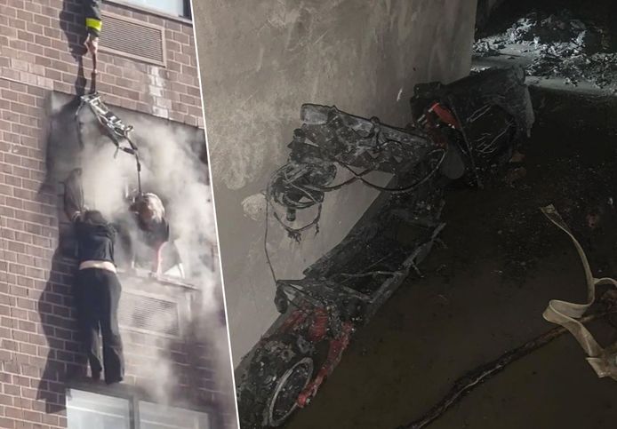 Fotomontage HLN. Links: vrouw wordt met touwen uit brandend appartement gered. Rechts: verbrande elektrische step. Het soort batterij dat wordt gebruikt in e-bikes en elektrische scooters ligt volgens de brandweer aan de oorzaak van de brand.