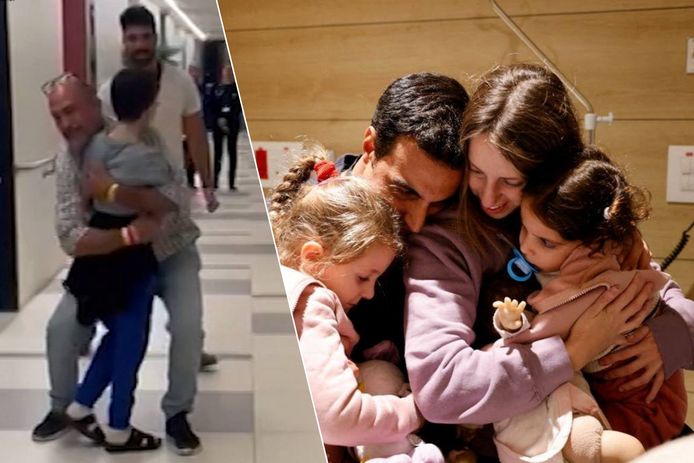 Links: vrijgelaten gijzelaar Ohad (9) sluit zijn papa in de armen / rechts: Yoni herenigd met zijn vrouw Doron (34) en hun kinderen Raz (5) en Aviv (2).