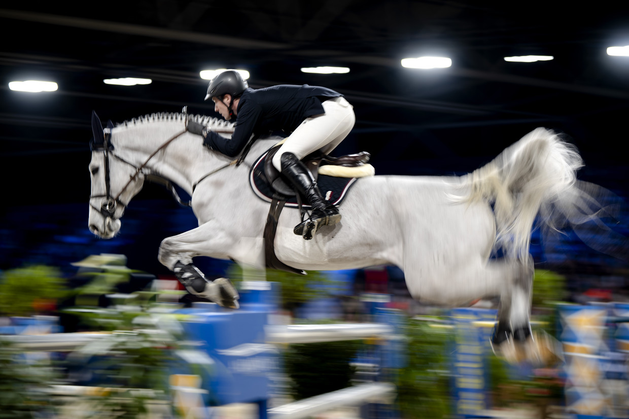 Ruiter Michael G. Duffy op het paard Clitschko tijdens Jumping Amsterdam, eind januari.  Beeld ANP /  ANP