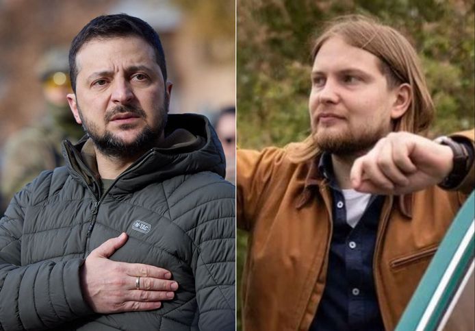 De Russische blogger Ivan Losev (rechts) moet een boete betalen omdat hij een droom over de Oekraïense president Volodymyr Zelensky (links) had.