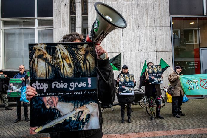 Activisten van Active for Justice demonstreren tegen foie gras in het centrum van Eindhoven.