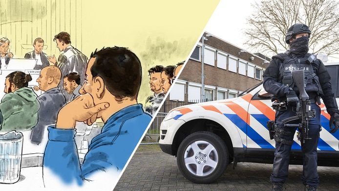 De verdachten in het Marengo-proces in de zwaar beveiligde bunker in Amsterdam.