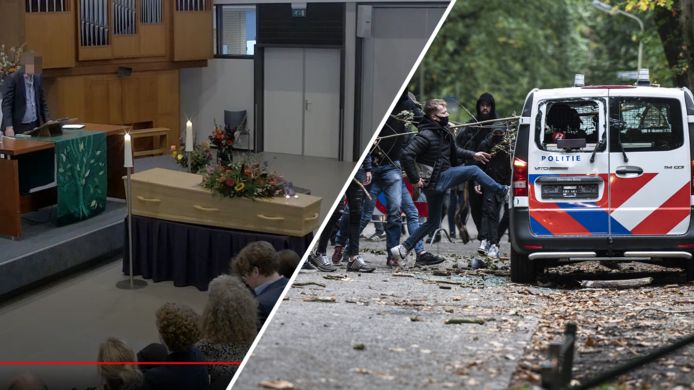 Links: een uitvaart die op YouTube staat. Rechts: Aanhangers van voetbalclub NEC belagen een politieauto na het duel met Vitesse.