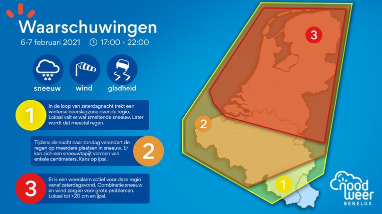 Waarschuwingskaart actief voor de Benelux tussen zaterdagavond en zondag. De hoogste waarschuwingsfase is actief bij NoodweerBenelux door de combinatie van sneeuw, wind en ijzel. In België is de kans op veel sneeuw een stuk kleiner. Beeld NoodweerBenelux