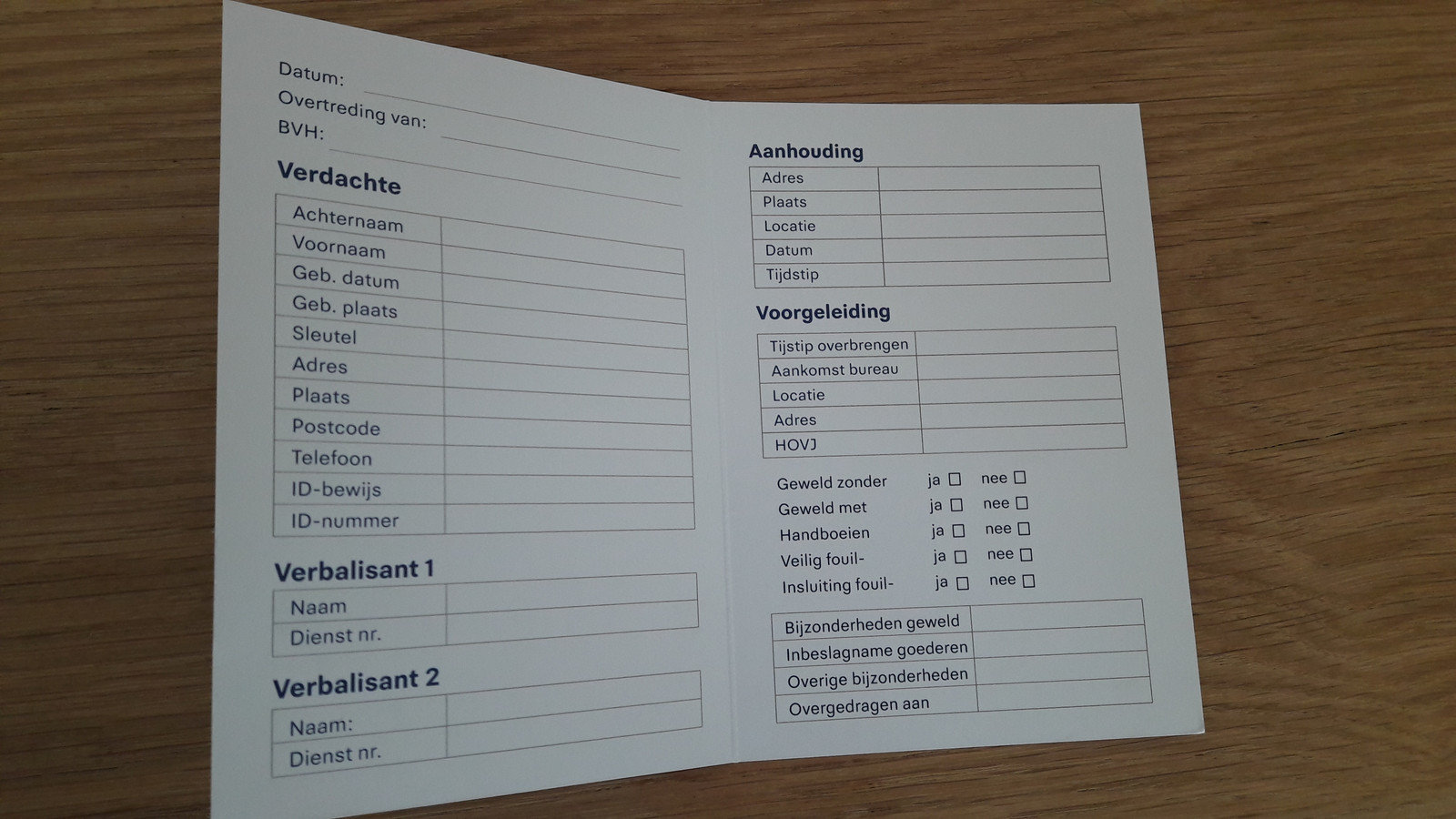 De binnenkant van het kaartje. Hier moet de informatie over de aanhouding worden opgeschreven.