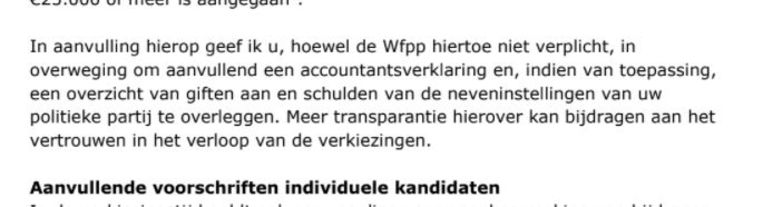 In een 'herinneringsbrief' vraagt het ministerie op 9 februari nogmaals om openbaarmaking van alle giften. Beeld AD