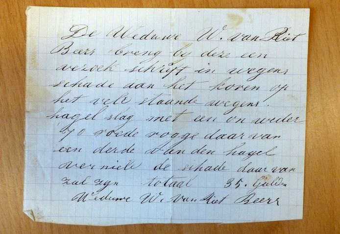 De weduwe W. van Riet uit Beers claimt een schadevergoeding van 35 gulden na de ‘hagelslag’ die Beers teisterde op 1 juni 1886. Bron: archief gemeente Beers (BHIC)