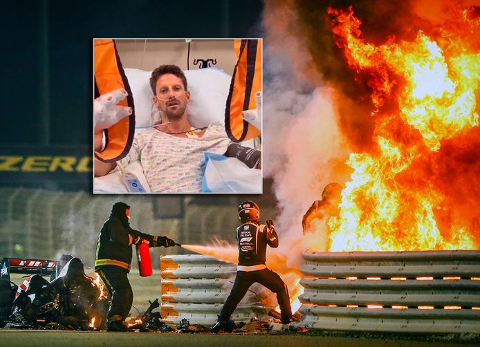 De vuurzee na de crash. Inzet: Romain Grosjean reageert vanuit het ziekenhuis.