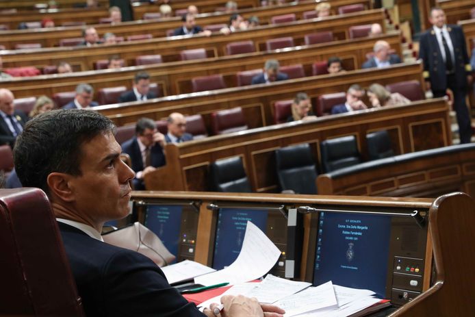 Pedro Sánchez, hier tijdens het debat over de motie van wantrouwen in het parlement in Madrid.