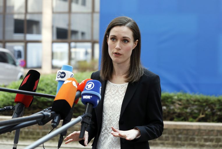 De Finse premier Sanna Marin eind vorige maand op de EU-top in Brussel. Beeld ANP / EPA